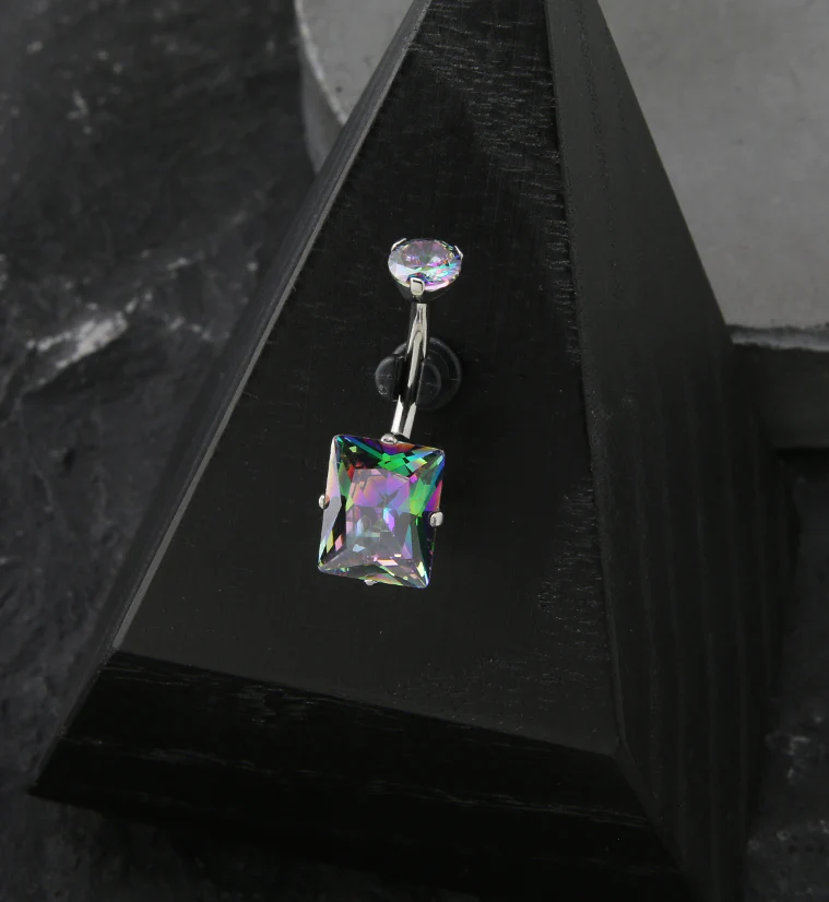 Emerald Black Aurora CZ Internally Threaded Belly Button Ring - Image 2