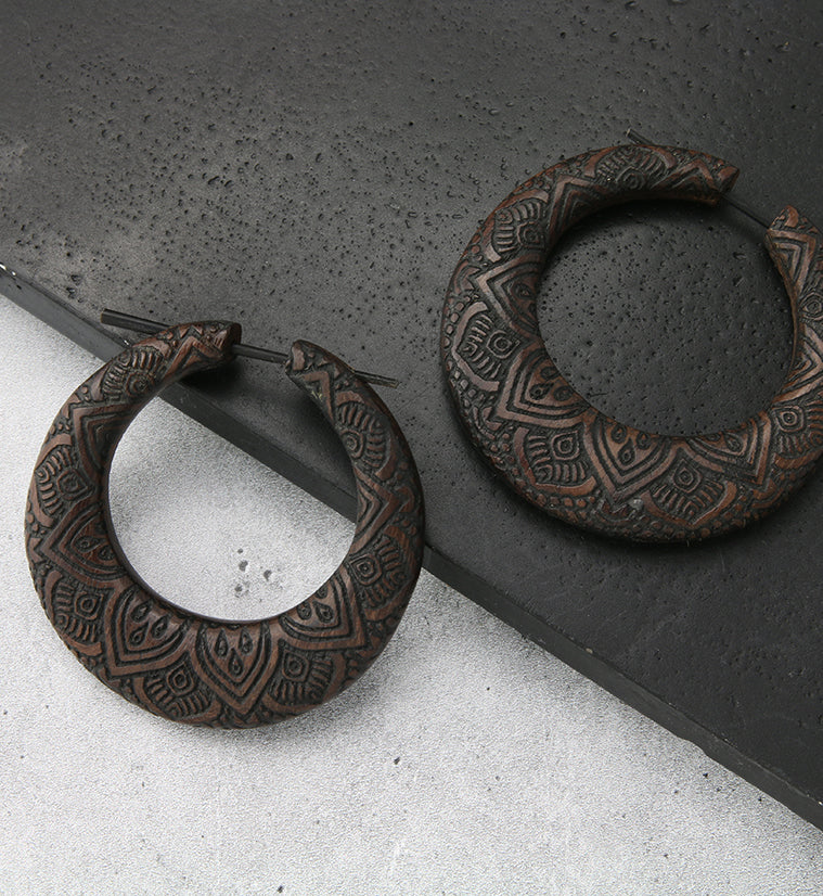 Engraved Flower Narra Wood Hoop Earrings - Image 2