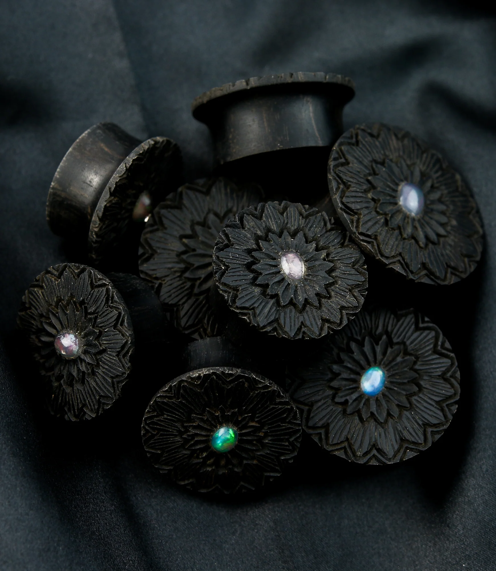Etched Floral Areng Wood Mayan Flare Plugs With Opal Inlay - Image 3