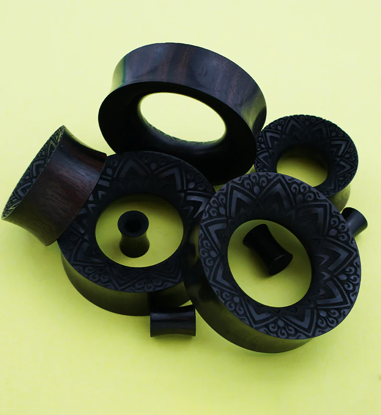 Etched Mandala Areng Wood Tunnel Plugs - Image 2