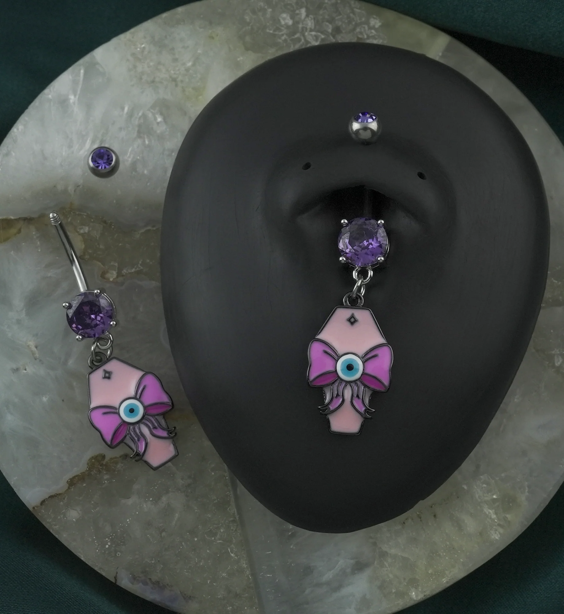 Eyeball Bow Coffin Tanzanite CZ Stainless Steel Belly Button Ring