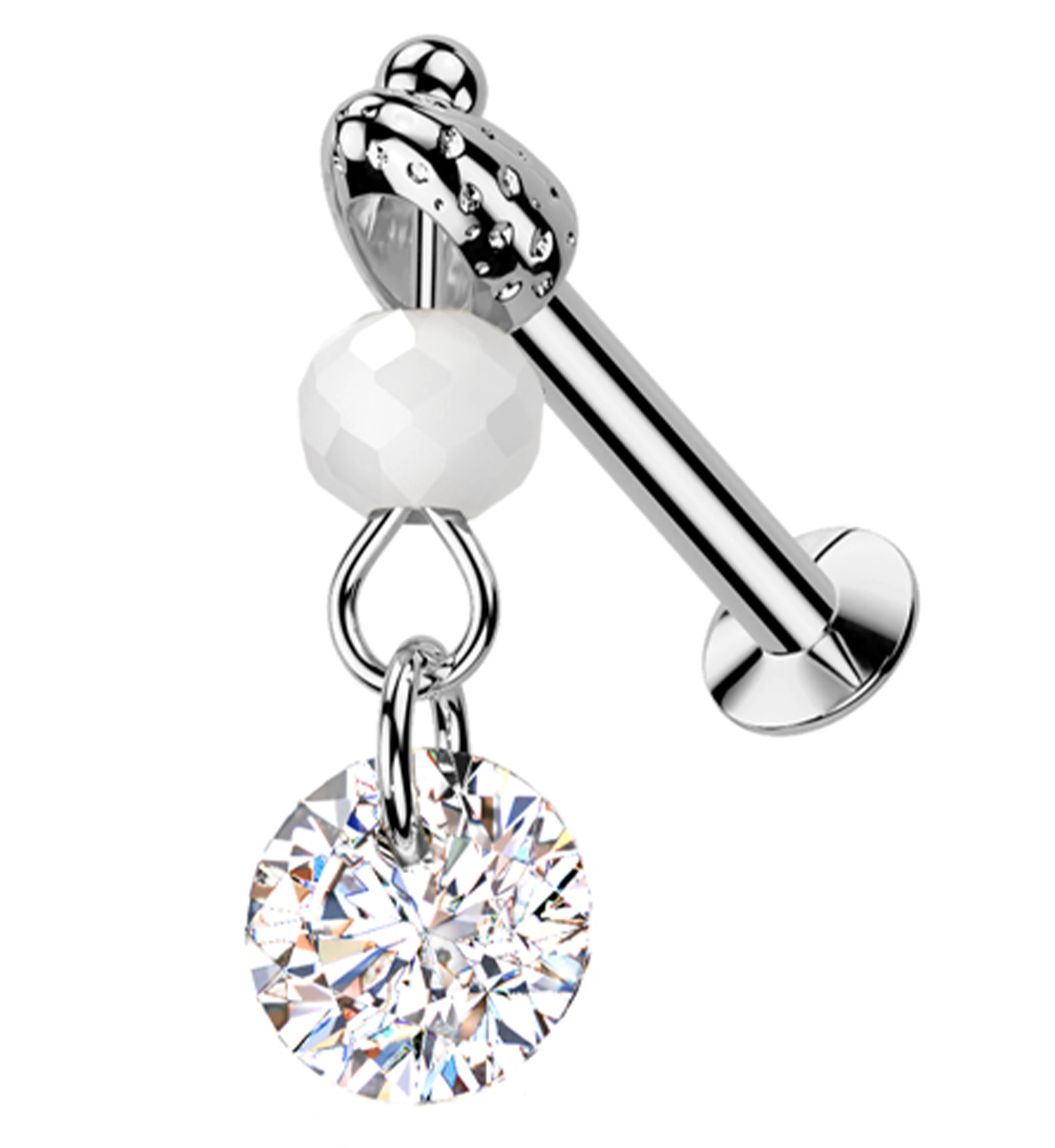 Faceted Bead Clear CZ Dangle Stainless Steel Convex Disc Threadless Labret