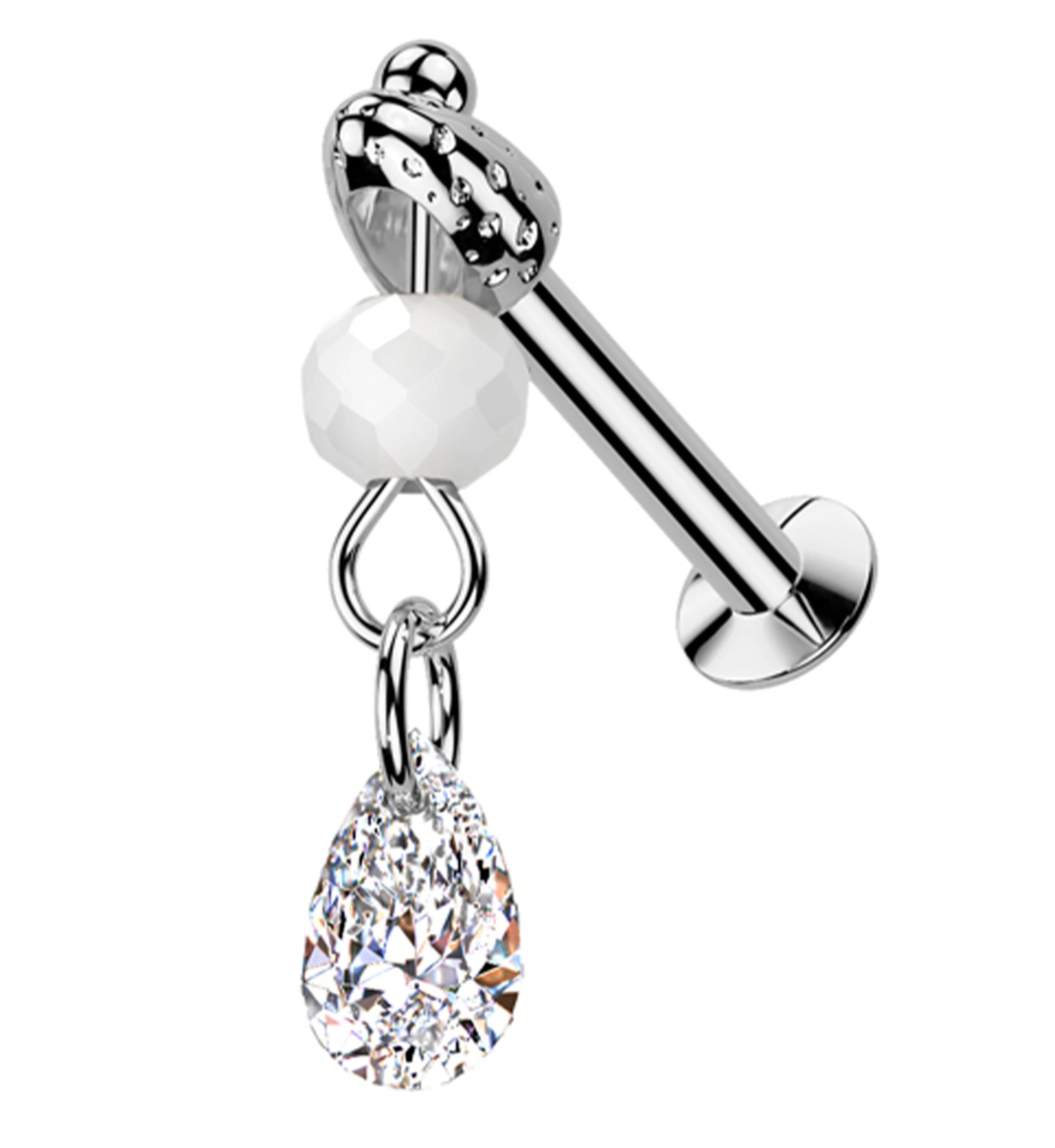 Faceted Bead Teardrop CZ Dangle Stainless Steel Convex Disc Threadless Labret