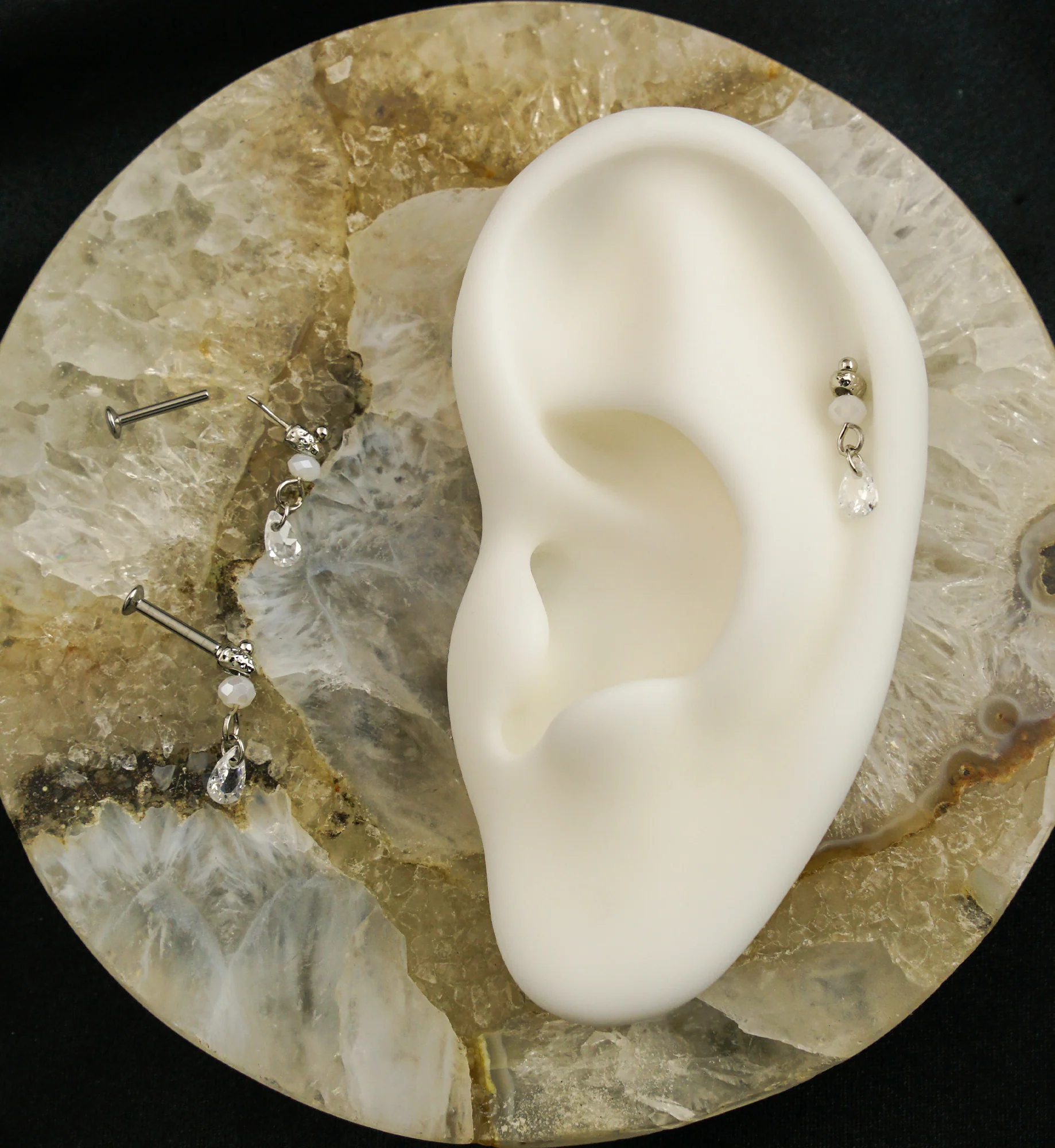 Faceted Bead Teardrop CZ Dangle Stainless Steel Convex Disc Threadless Labret - Image 2