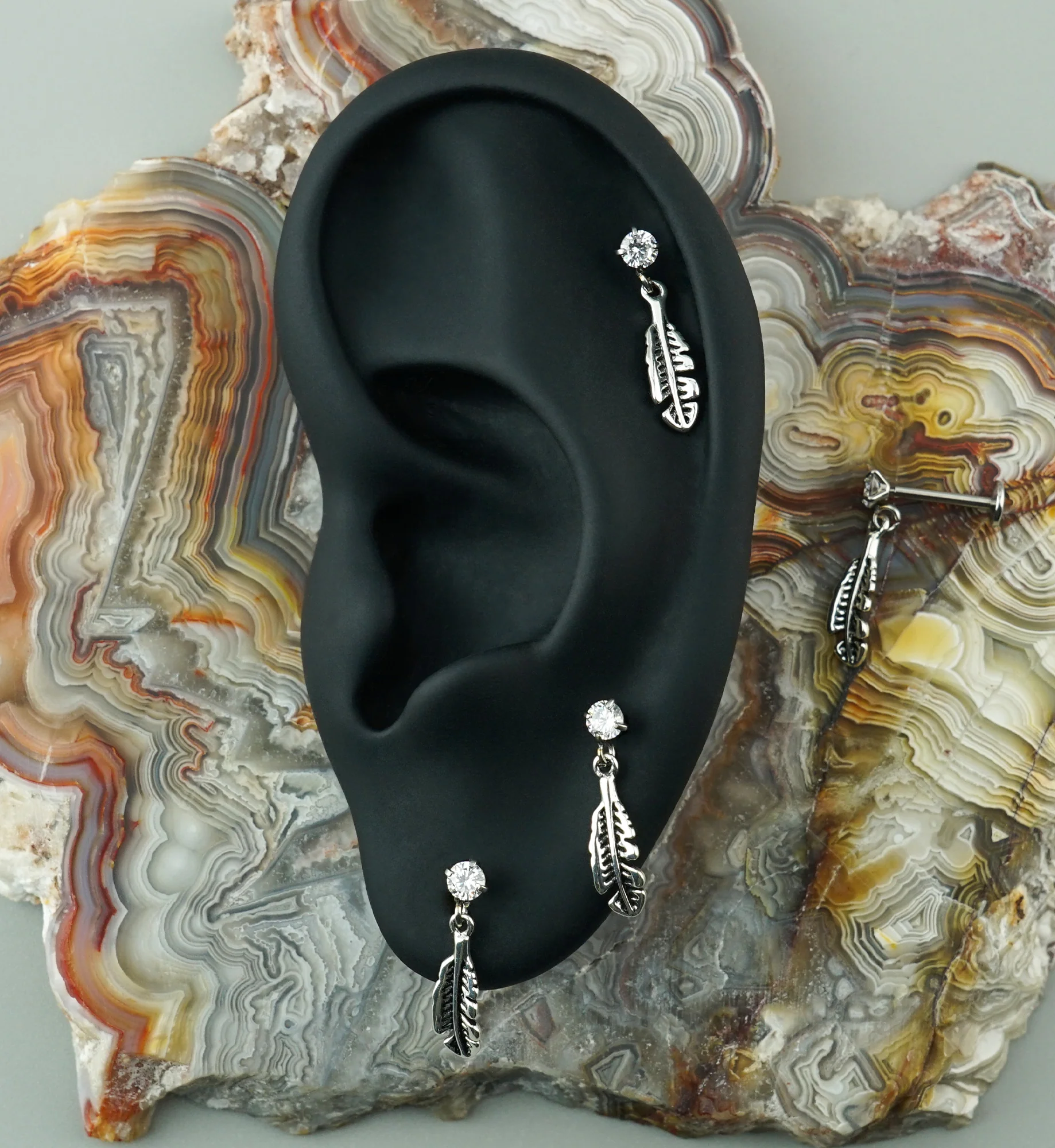 Feather Dangle CZ Stainless Steel Threadless Labret - Image 2
