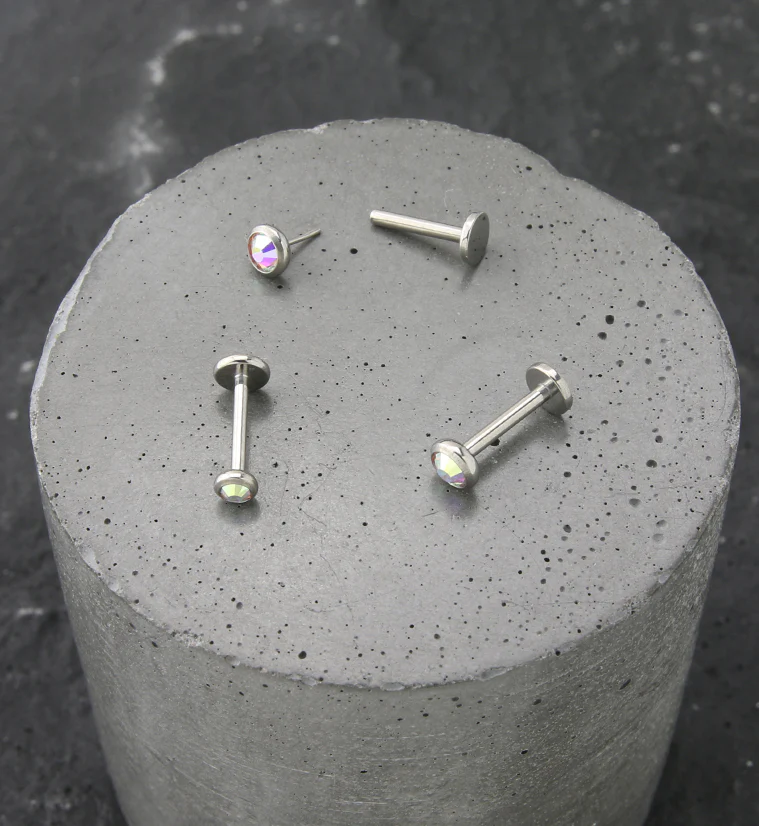 Flat Rainbow Aurora CZ Titanium Threadless Labret - Image 2