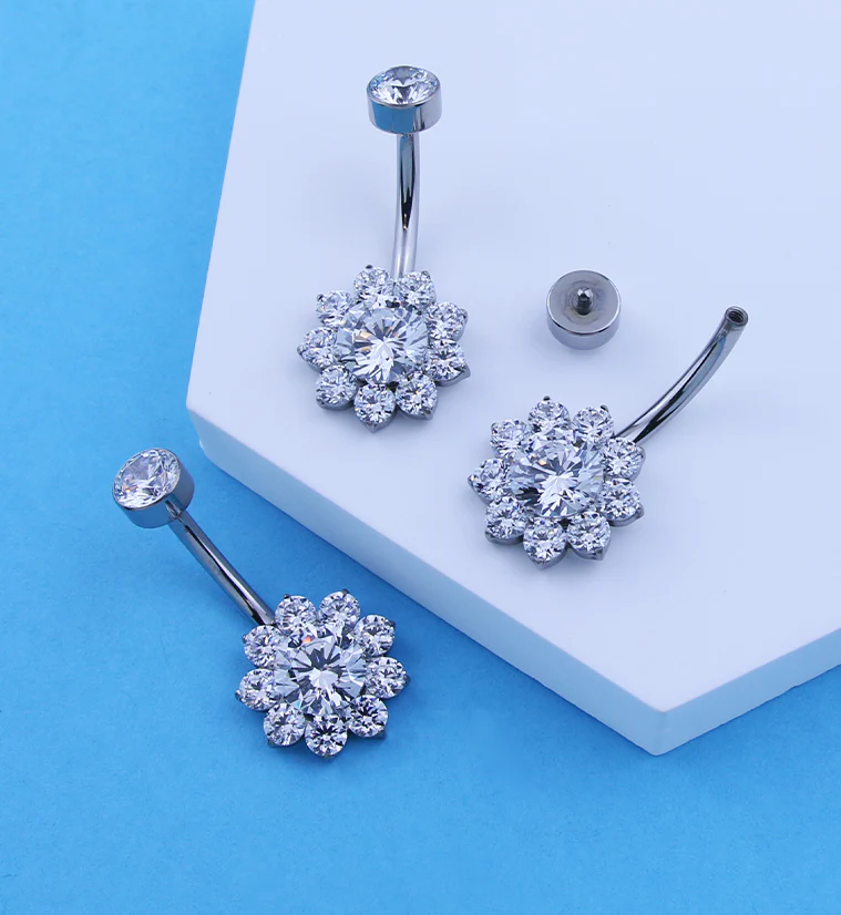 Flora Clear CZ Internally Threaded Titanium Belly Button Ring - Image 2