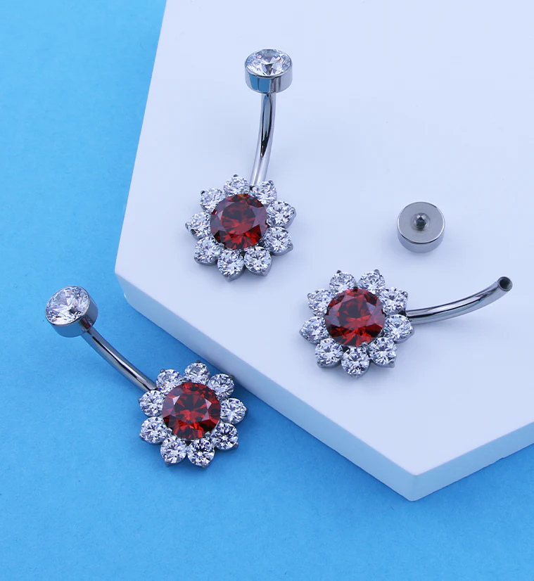 Flora Red CZ Internally Threaded Titanium Belly Button Ring - Image 2