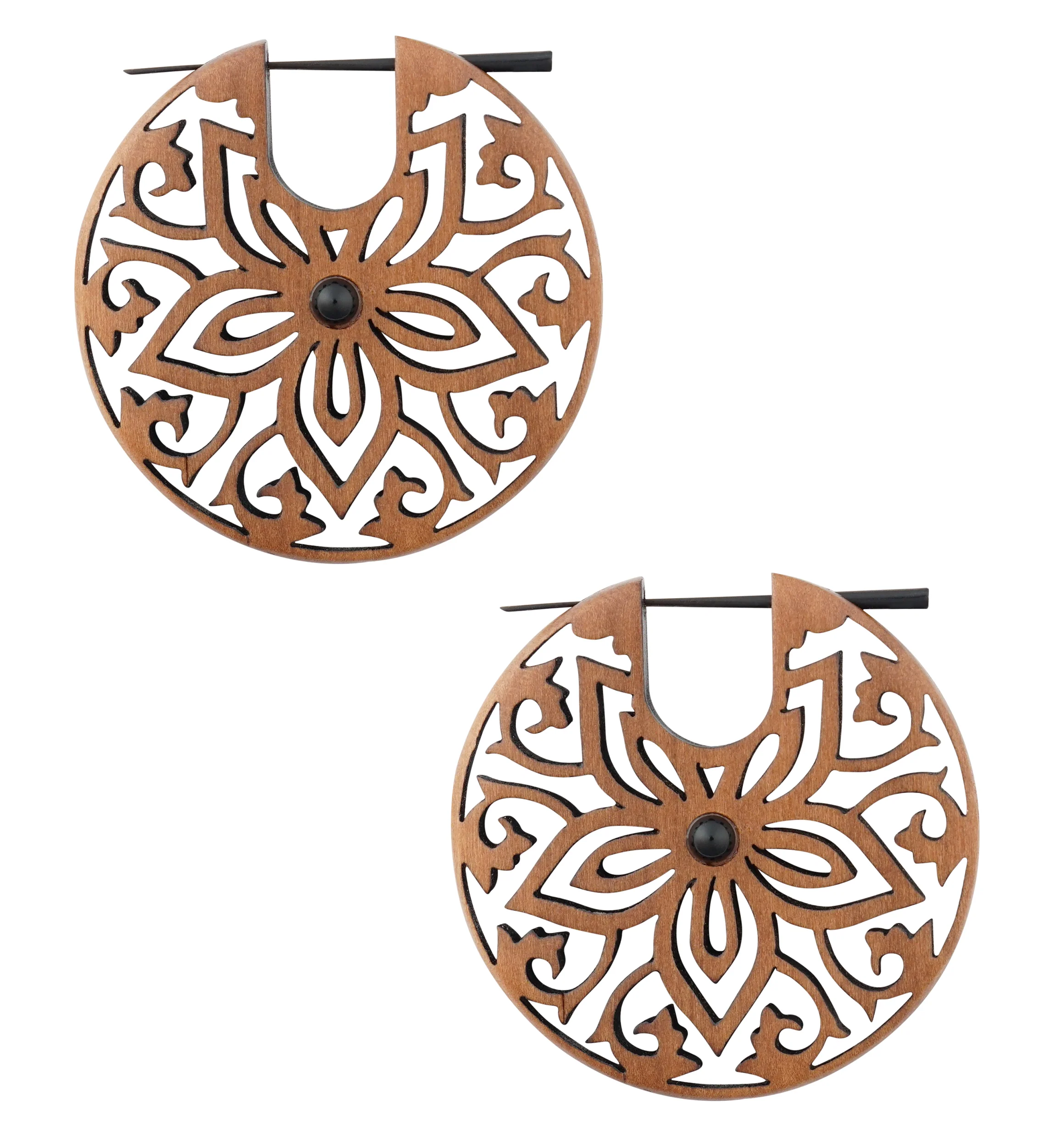 Floral Black Onyx Inlay Wood Earrings