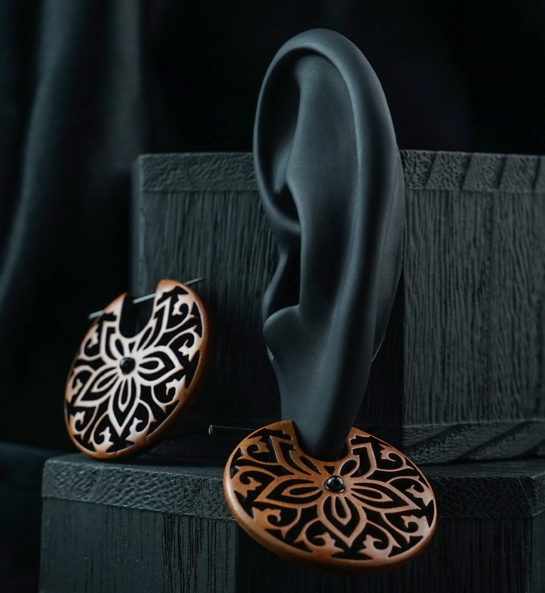 Floral Black Onyx Inlay Wood Earrings - Image 3
