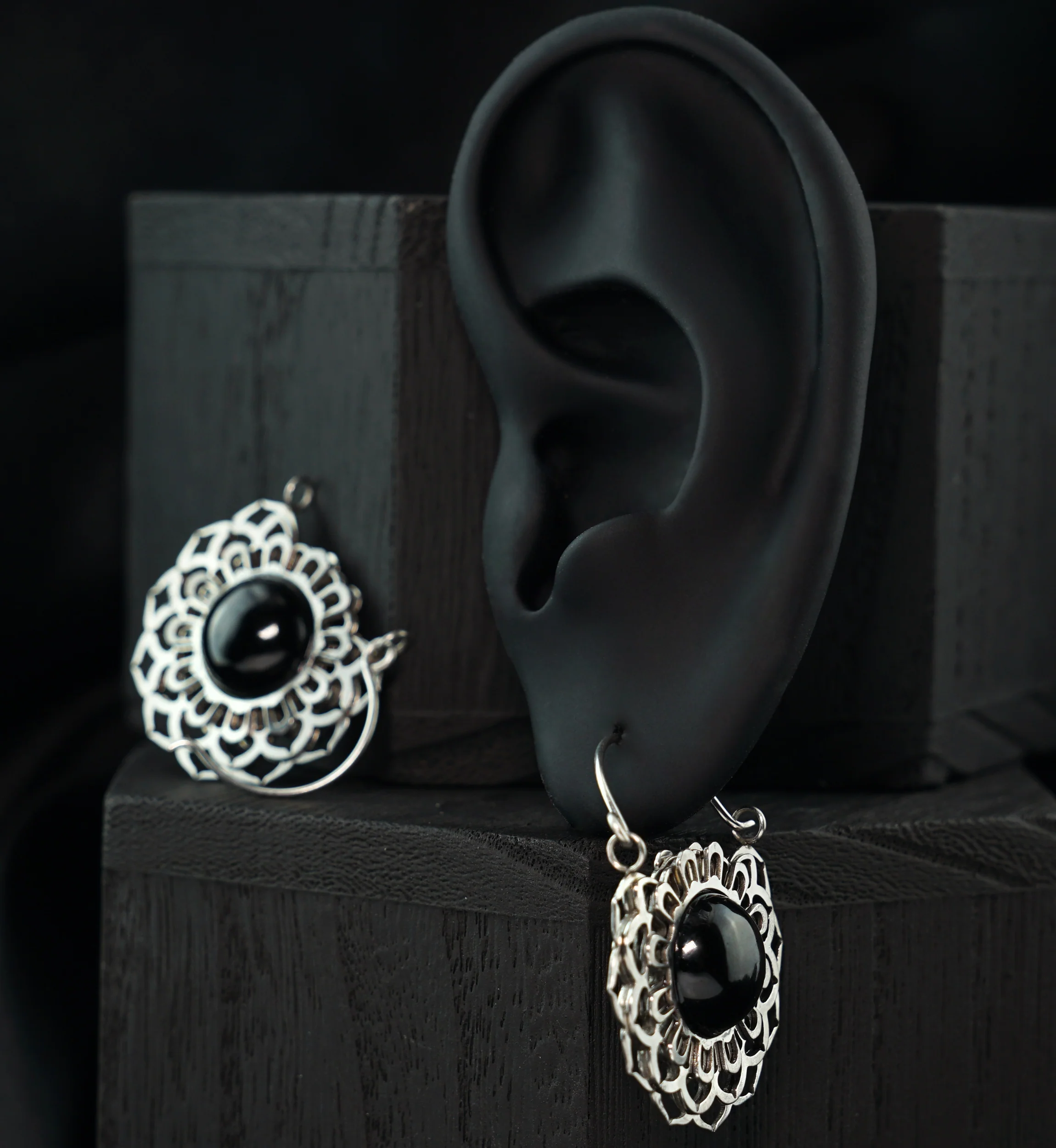 Floral Black Onyx Stone Inlay Stainless Steel Earrings - Image 2