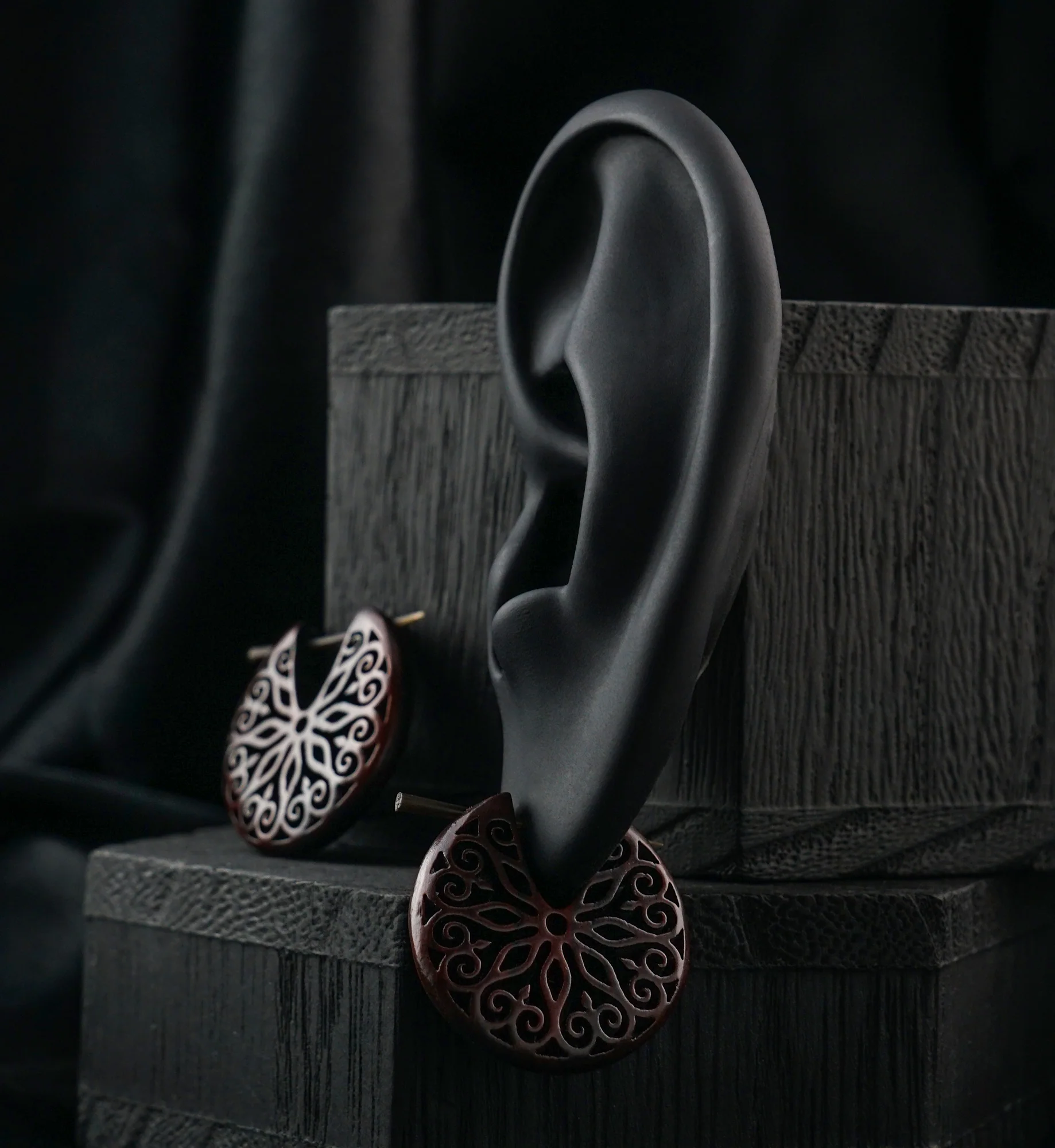 Floral Filigree Hoop Wood Earrings - Image 2