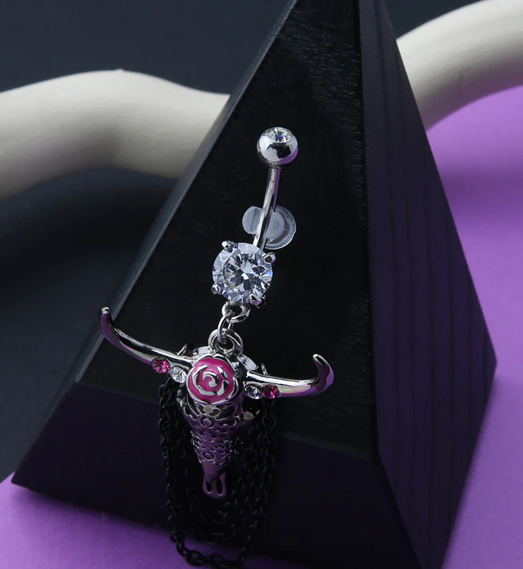 Floral Longhorn Skull Dangle Chain Belly Button Ring - Image 2