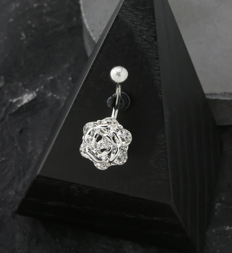 Floral Rose CZ Stainless Steel Belly Button Ring - Image 2