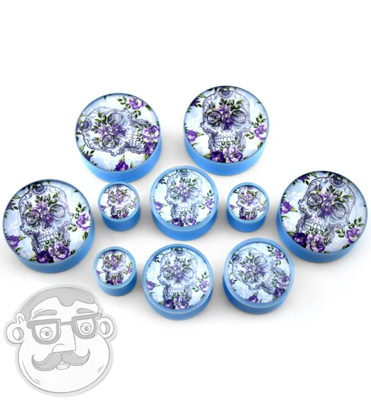 Floral Skull Light Blue Plugs - Image 3
