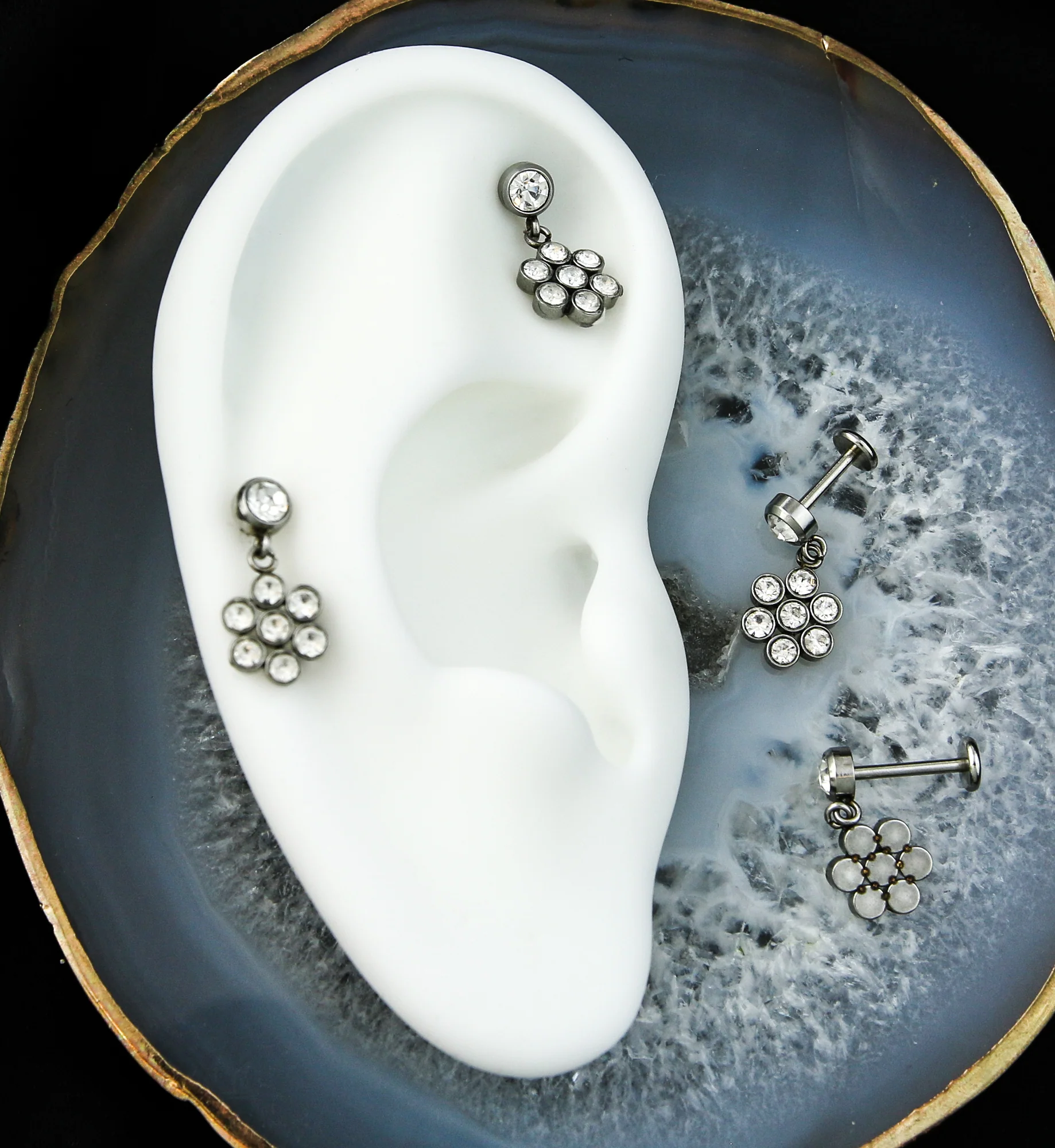 Floret Clear CZ Dangle Internally Threaded Stainless Steel Labret - Image 2