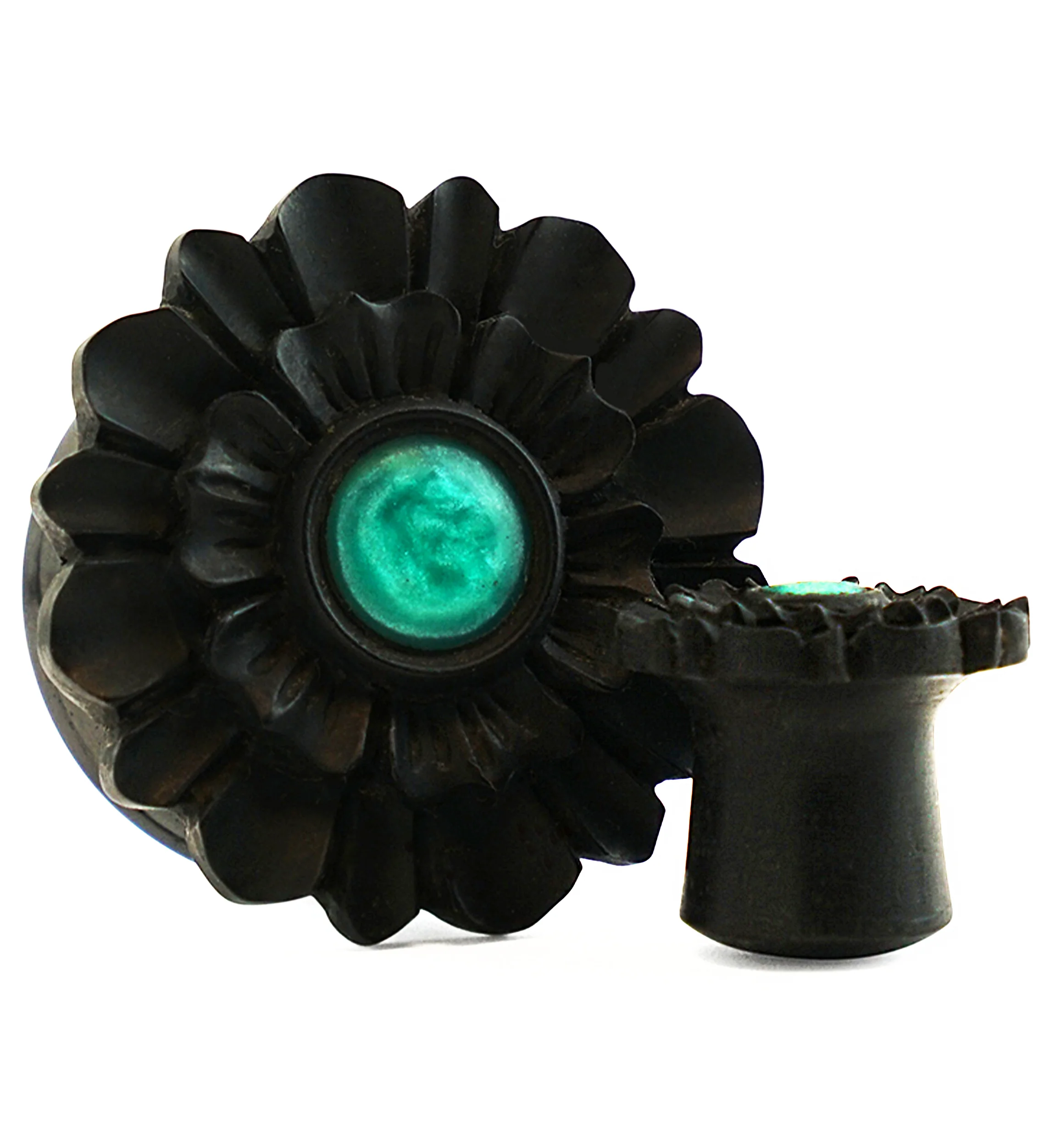 Floral Mayan Flared Wooden Plugs with Green Resin Inlay