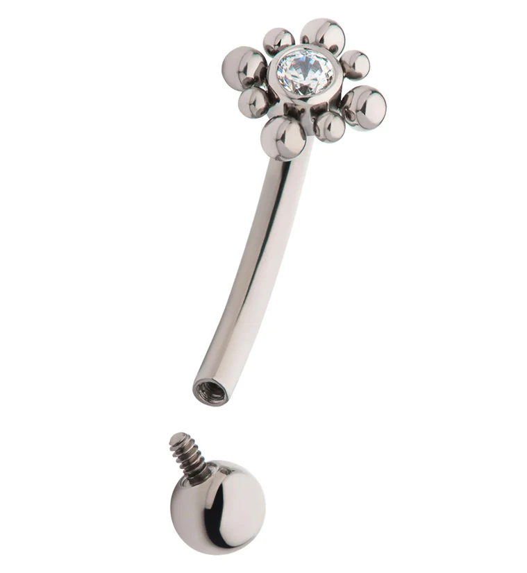 Flower Bead CZ Internally Threaded Titanium Curved Barbell - Image 3