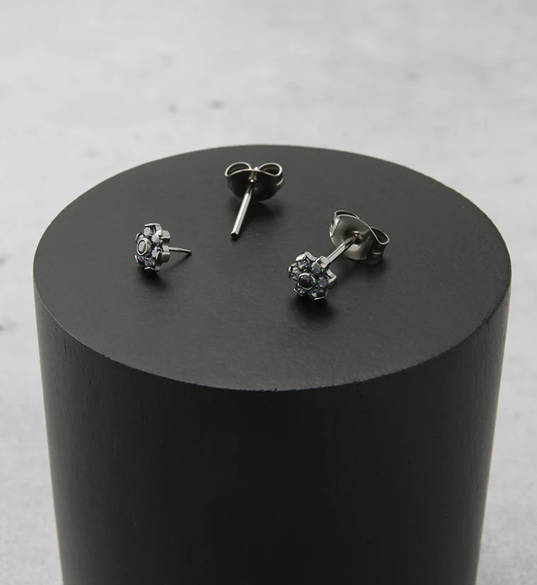 Flower Black Aurora CZ Titanium Threadless Earrings - Image 2