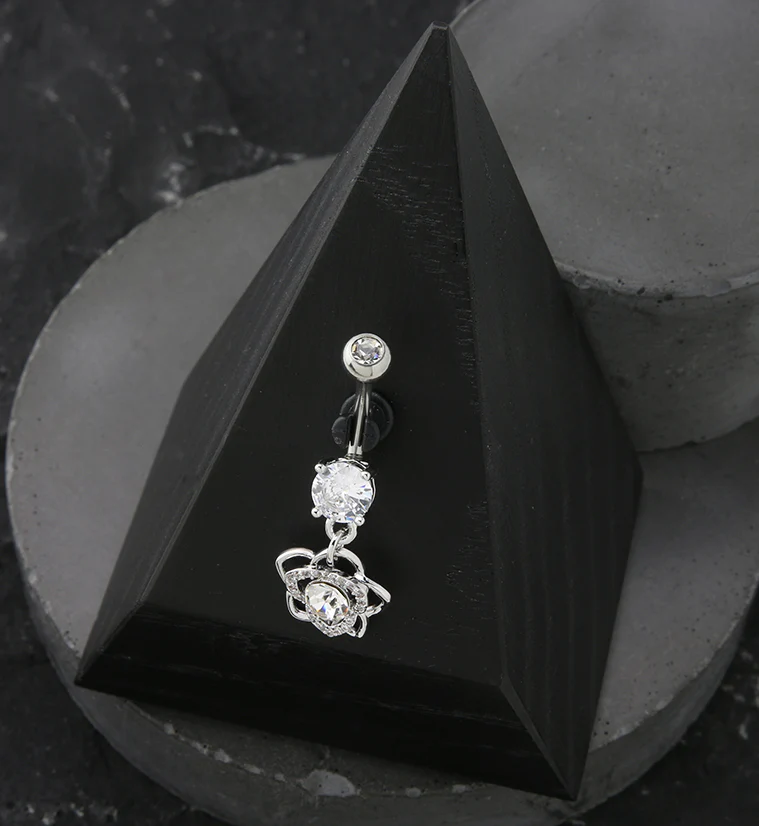 Flower Bloom CZ Dangle Stainless Steel Belly Button Ring - Image 2