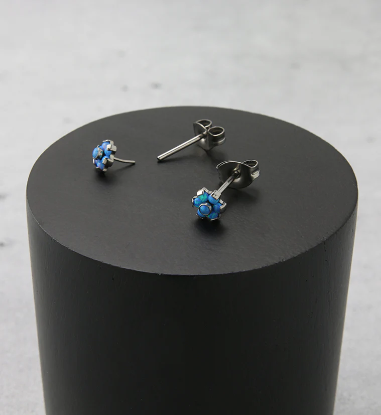 Flower Blue Opalite Titanium Threadless Earrings - Image 2