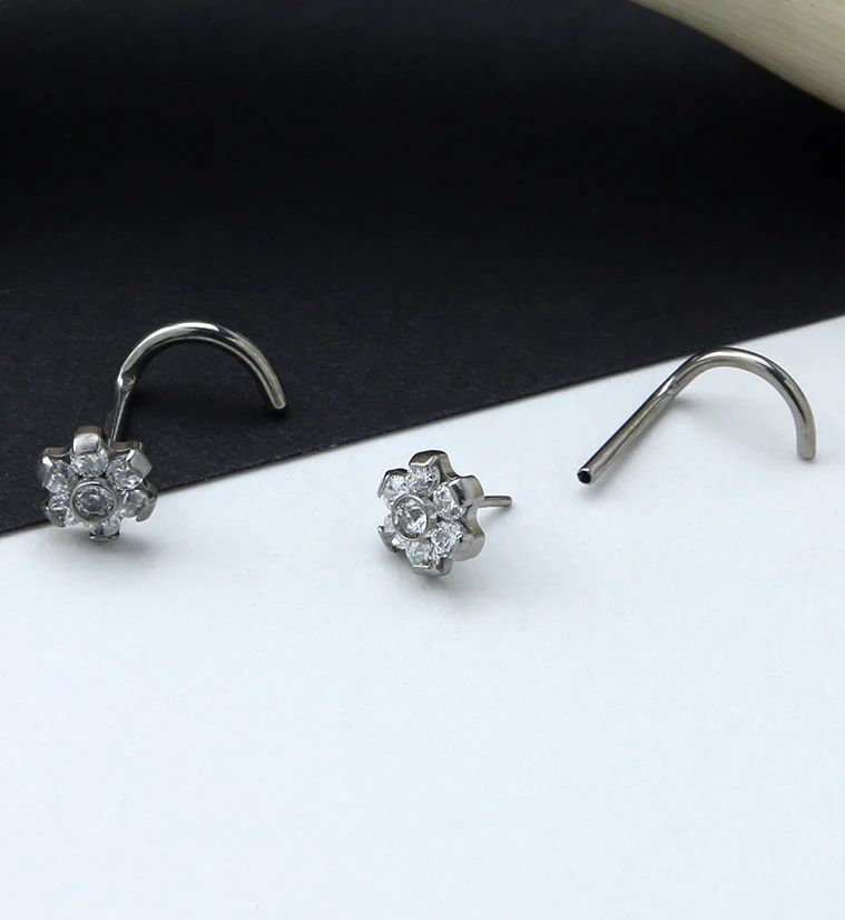 Flower CZ Titanium Threadless Nose Screw Ring - Image 2