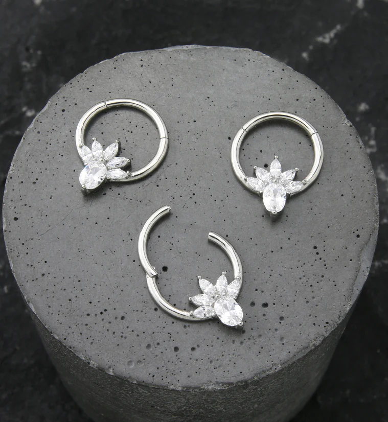 Flower Marquise Clear CZ Stainless Steel Hinged Segment Ring - Image 2