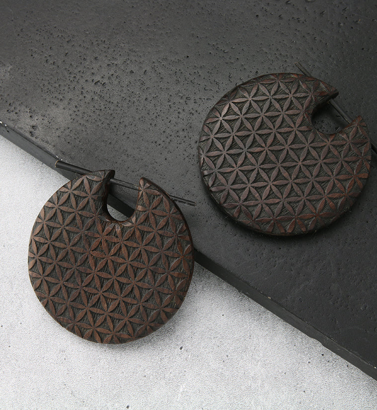 Flower of Life Narra Wood Disk Earrings - Image 2