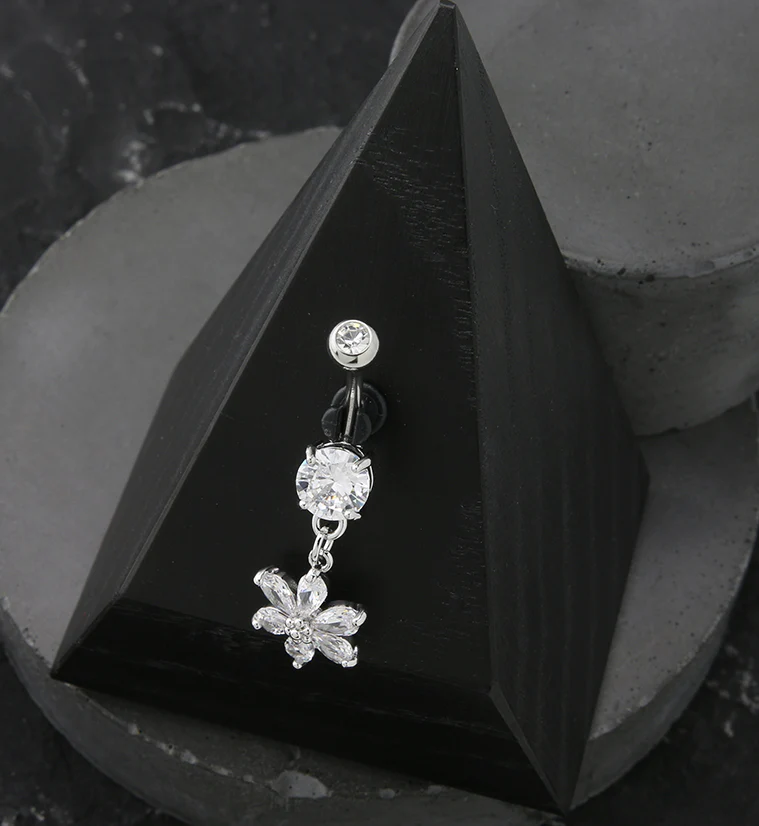 Flower Pear CZ Dangle Stainless Steel Belly Button Ring - Image 2