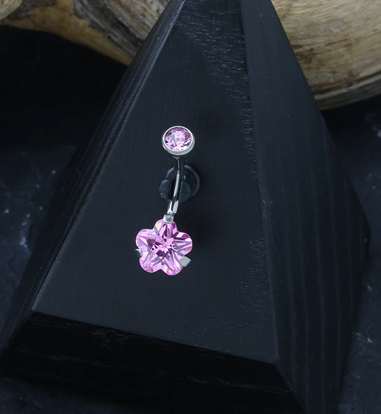 Flower Pink CZ Internally Threaded Titanium Belly Button Ring - Image 2