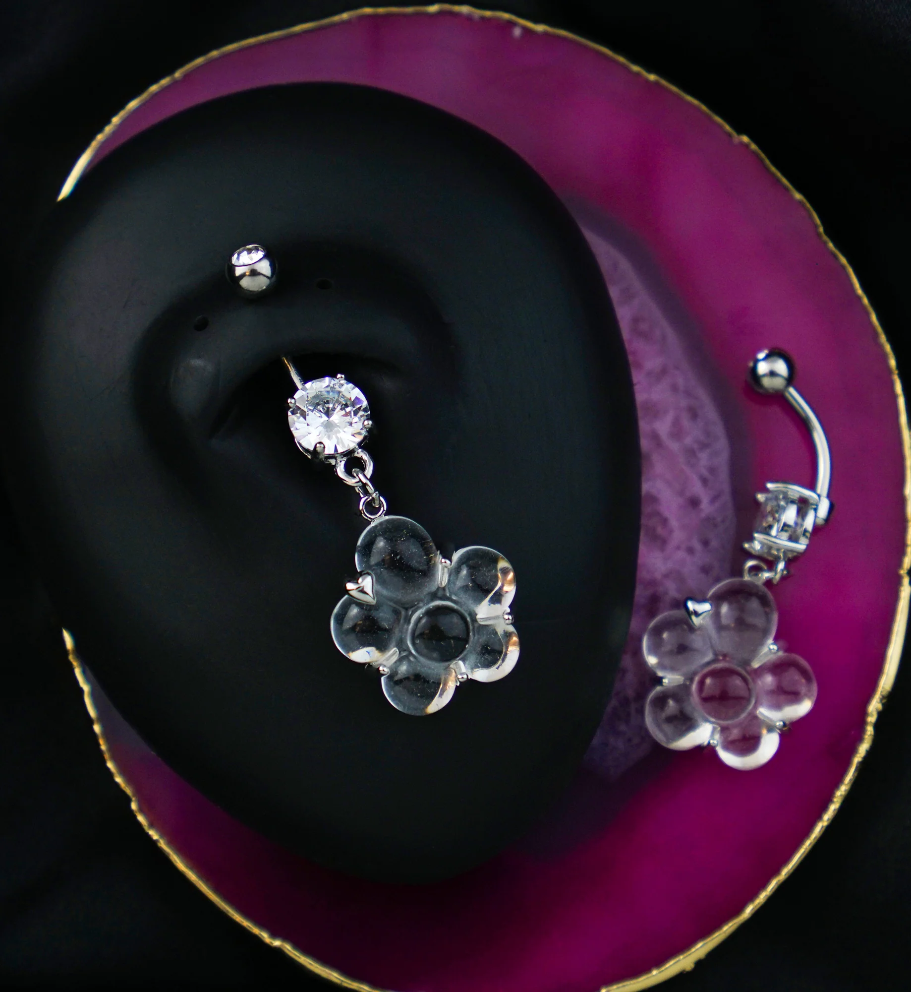 Flower Pressed Fit Clear CZ Dangle Stainless Steel Belly Button Ring - Image 2
