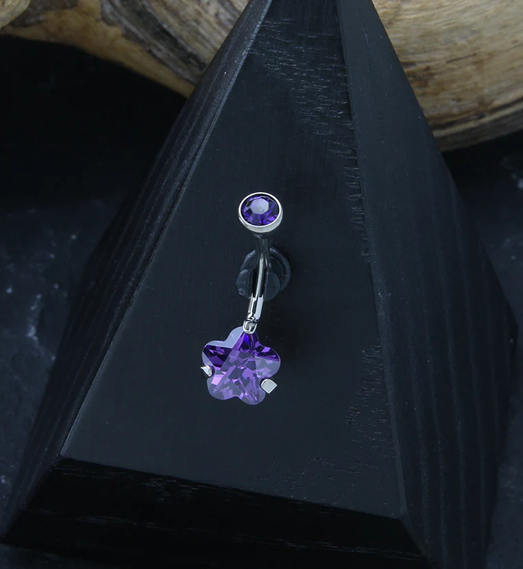 Flower Purple CZ Internally Threaded Titanium Belly Button Ring - Image 2