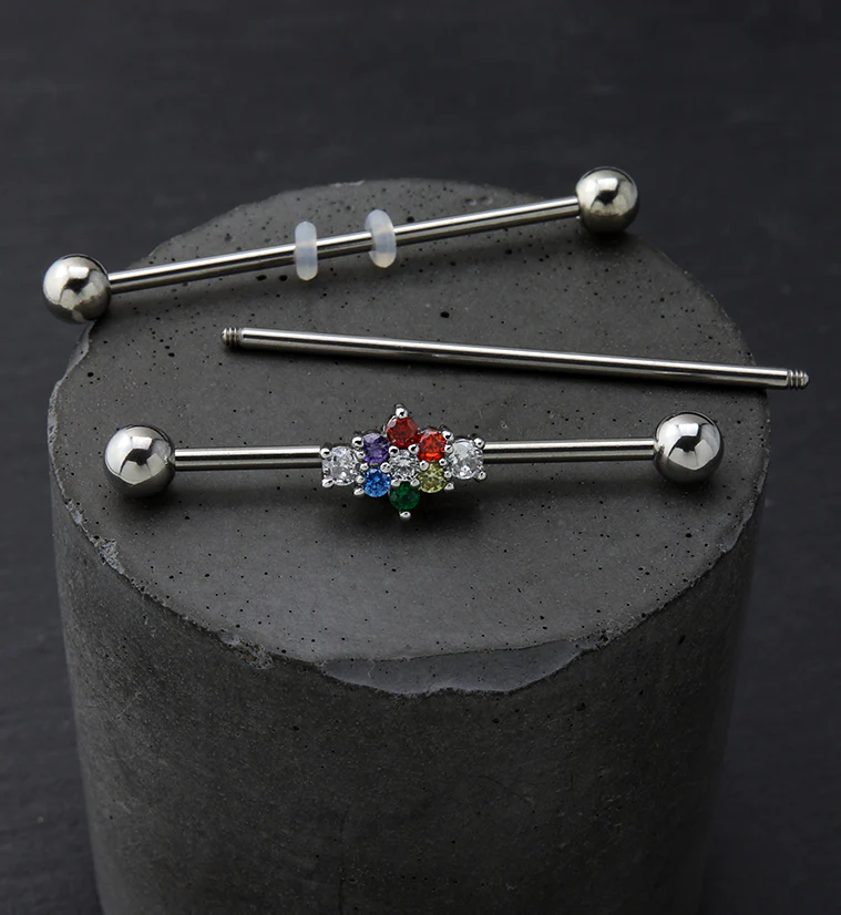 Flower Rainbow CZ Industrial Barbell - Image 2