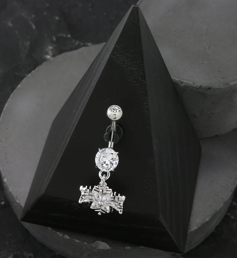 Flower Snowflake CZ Dangle Stainless Steel Belly Button Ring - Image 2