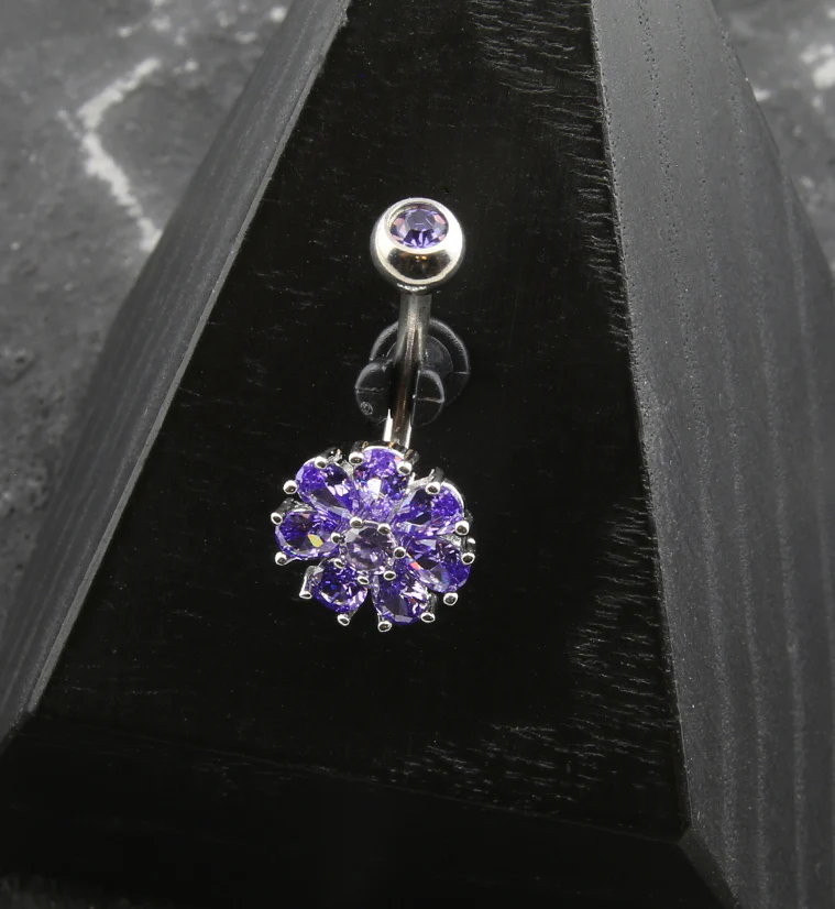Flower Teardrop Purple CZ Stainless Steel Belly Button Ring - Image 2