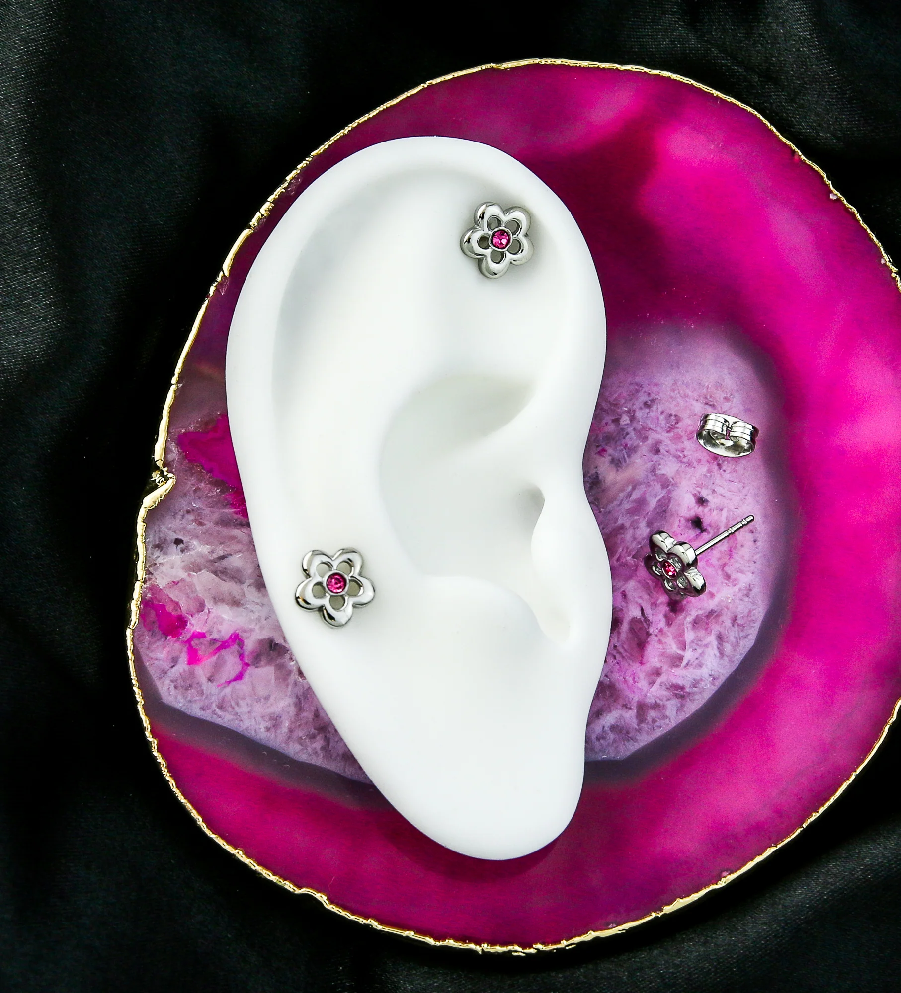 Flower Trace Pink CZ Stainless Steel Stud Earrings - Image 2