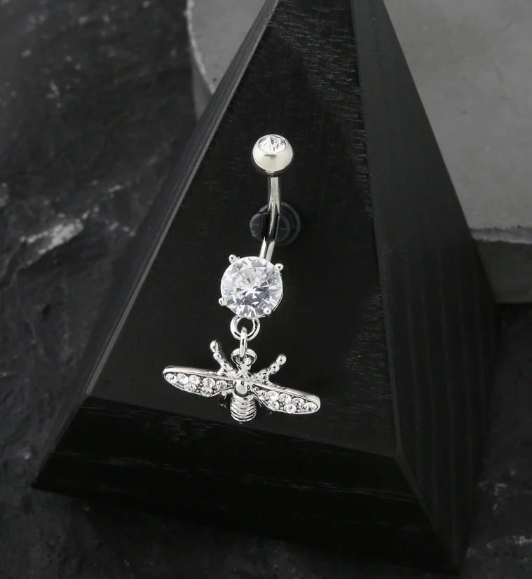 Flying Bee Pave CZ Dangle Stainless Steel Belly Button Ring - Image 2