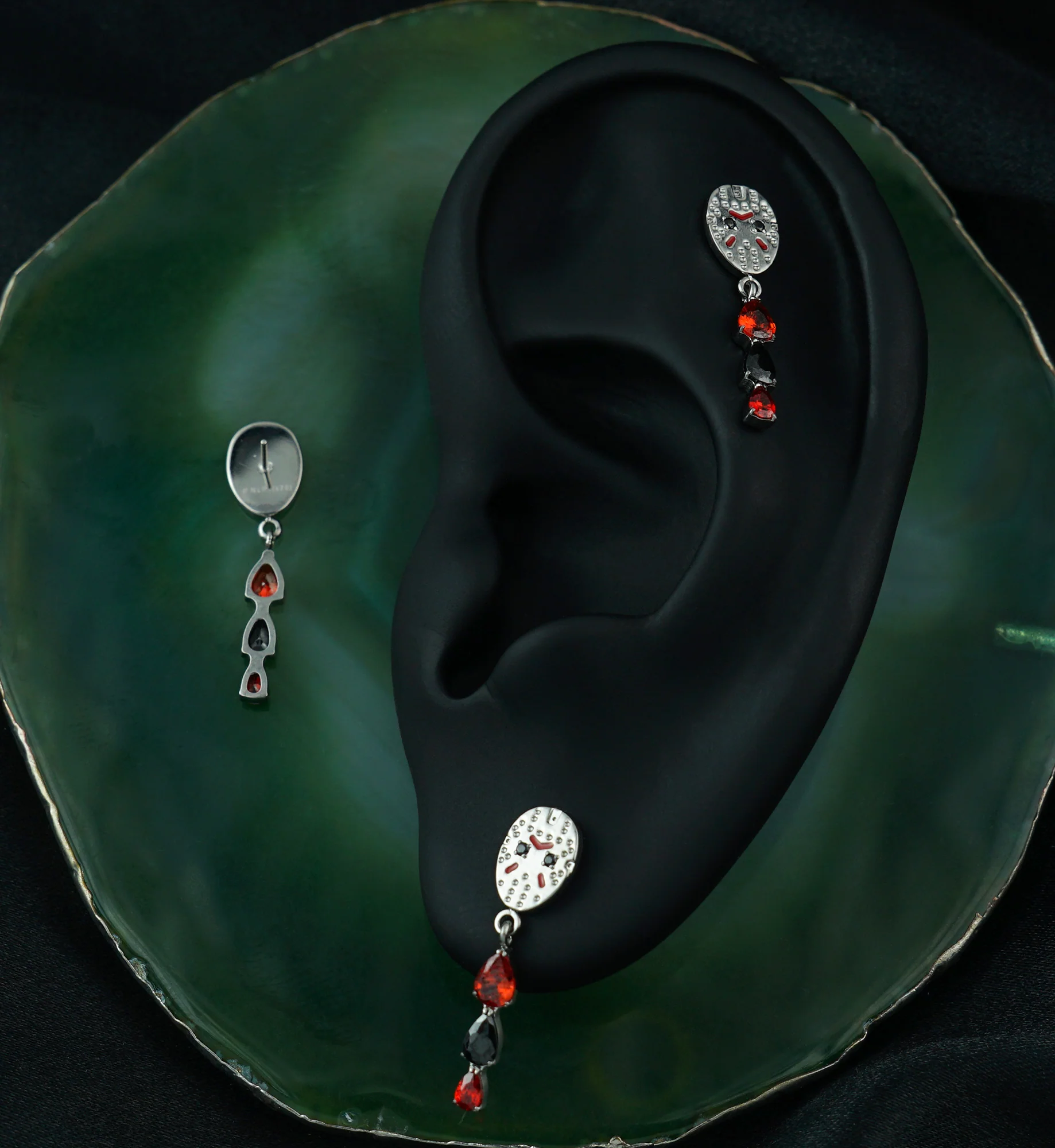 Friday The 13th Jason Mask Triple Garnet CZ Dangle Titanium Threadless Top - Image 2