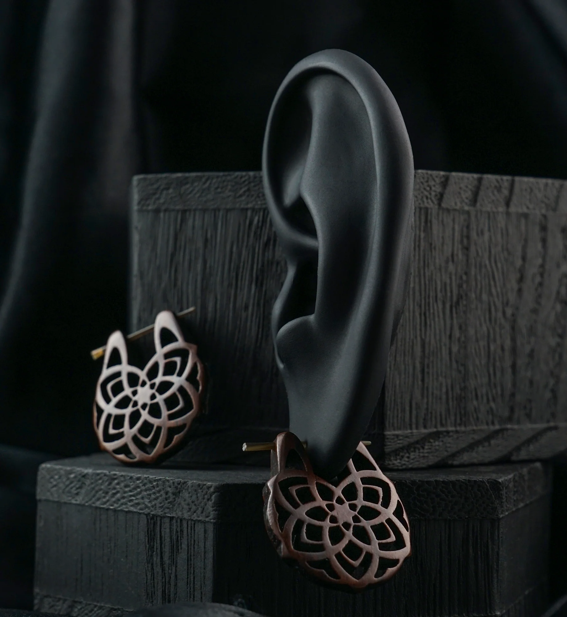 Mandala Flower Hoop Wood Earrings - Image 2