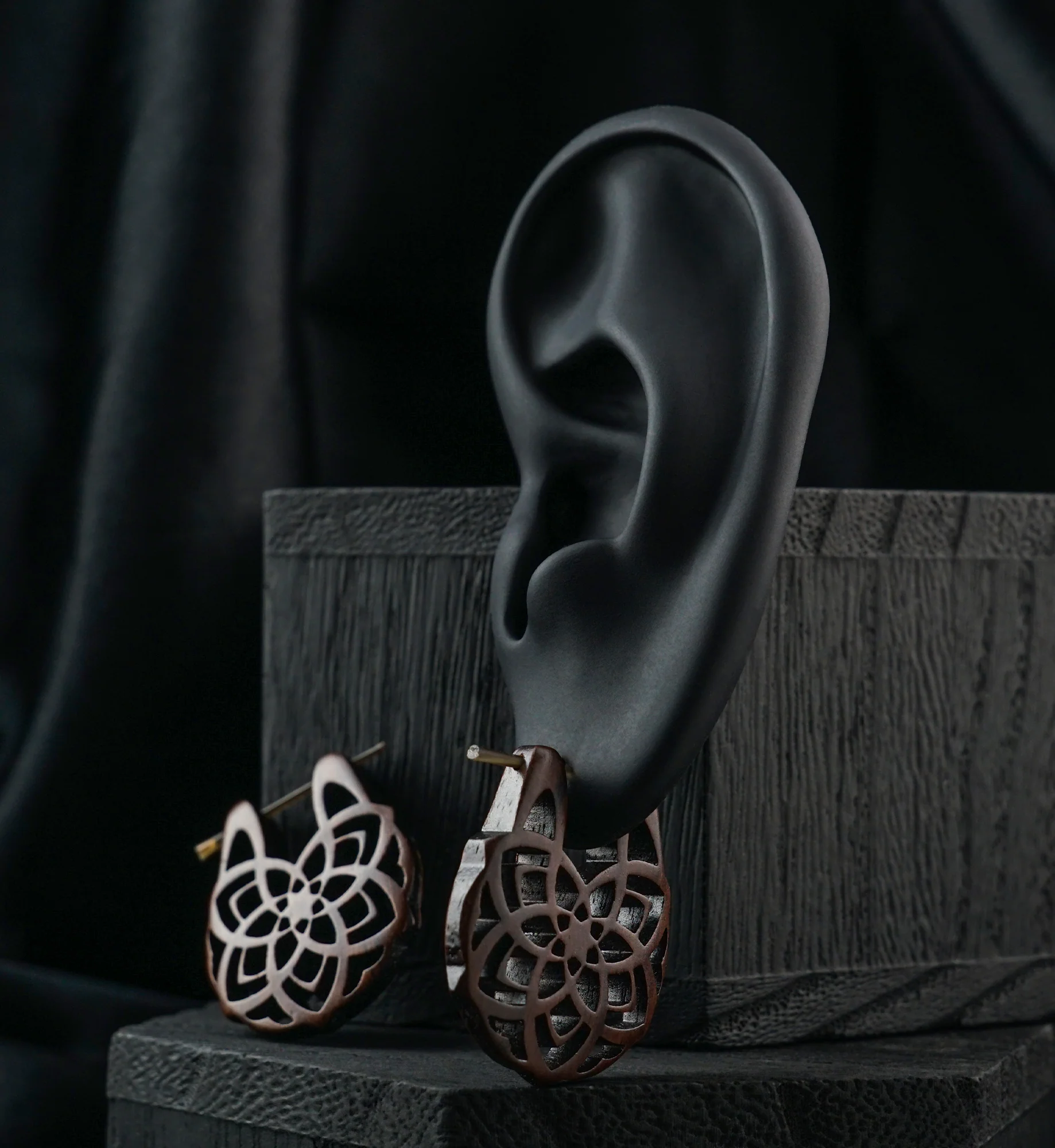Mandala Flower Hoop Wood Earrings - Image 3