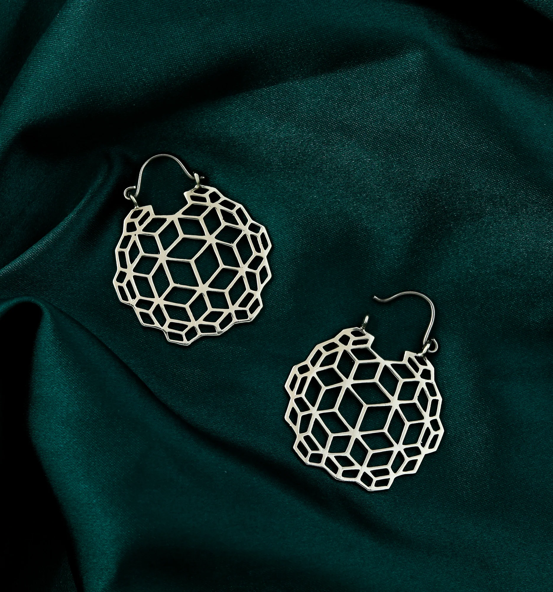 Geometric Cube White Brass Hangers - Earrings - Image 2