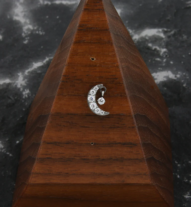 Glimmer Half Moon Clear CZ Dangle Titanium Threadless Top - Image 2