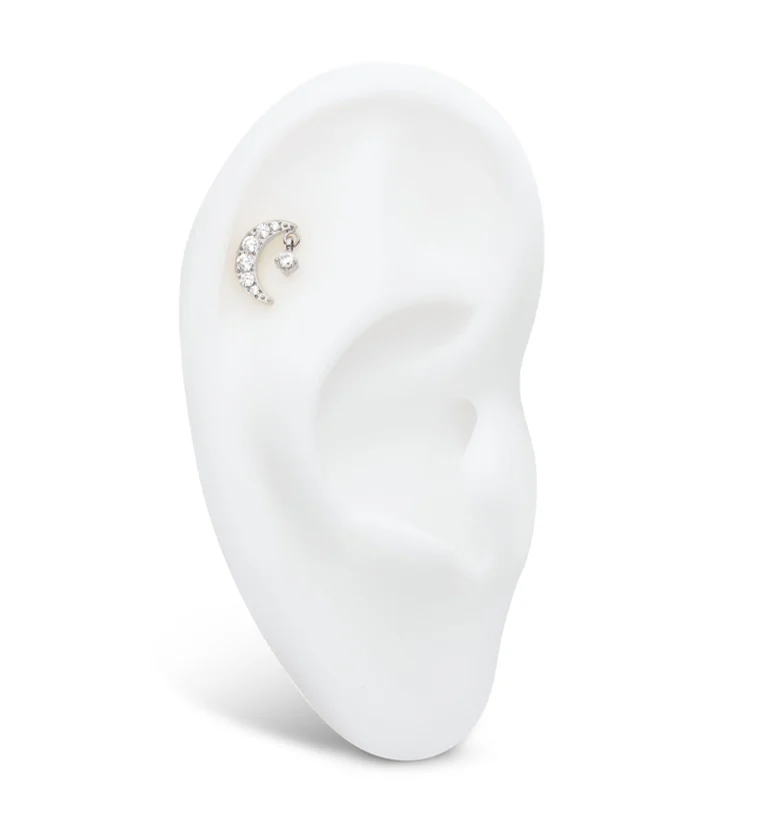 Glimmer Half Moon Clear CZ Dangle Titanium Threadless Top - Image 3