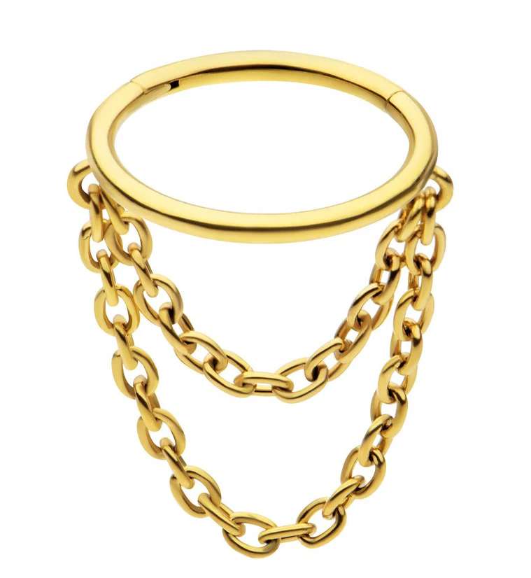 Gold PVD Abaft Double Dangle Chain Hinged Segment Ring Stainless Steel