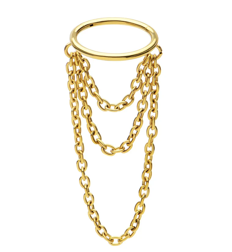 Gold PVD Abaft Triple Dangle Chain Hinged Stainless Steel Segment Ring
