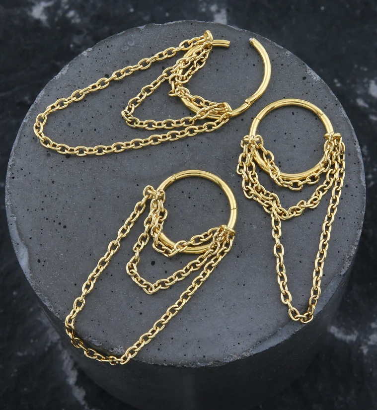 Gold PVD Abaft Triple Dangle Chain Hinged Stainless Steel Segment Ring - Image 2