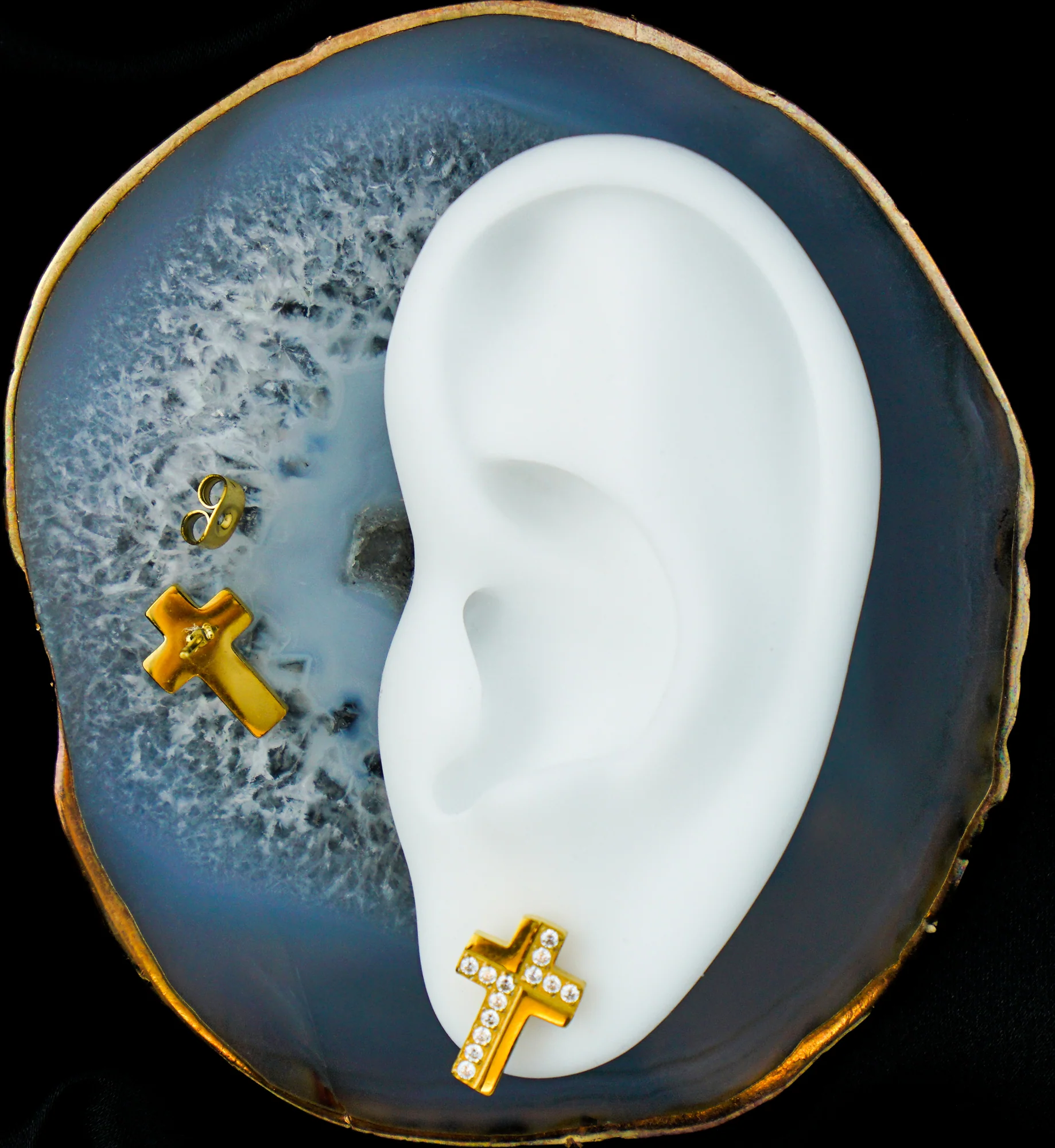 Gold PVD Abstract Cross Clear CZ Stainless Steel Stud Earrings - Image 2