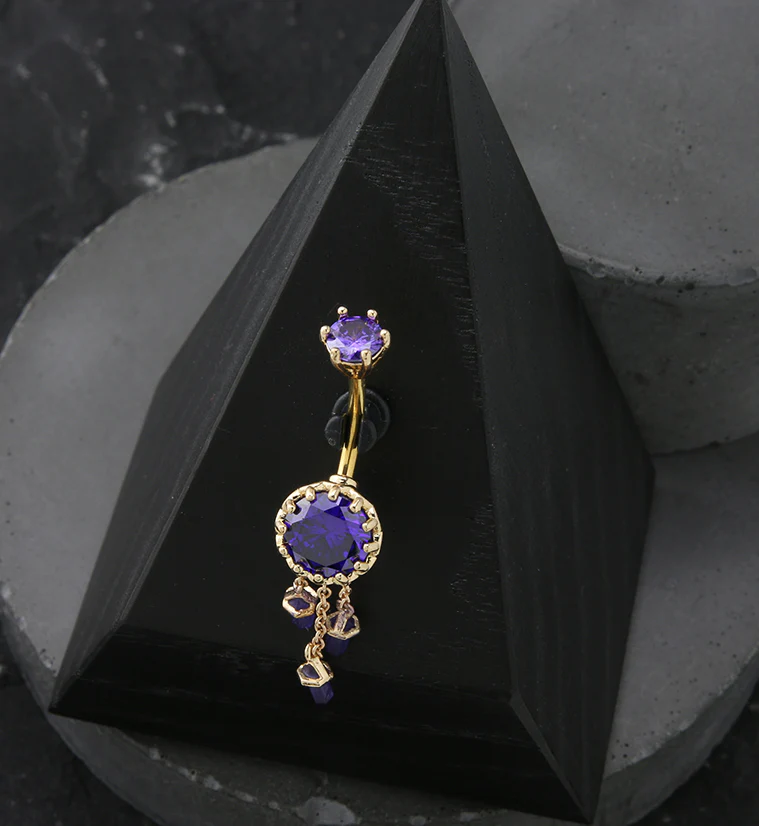 Gold PVD Amethyst Crystal Dangle Stainless Steel Belly Button Ring - Image 2