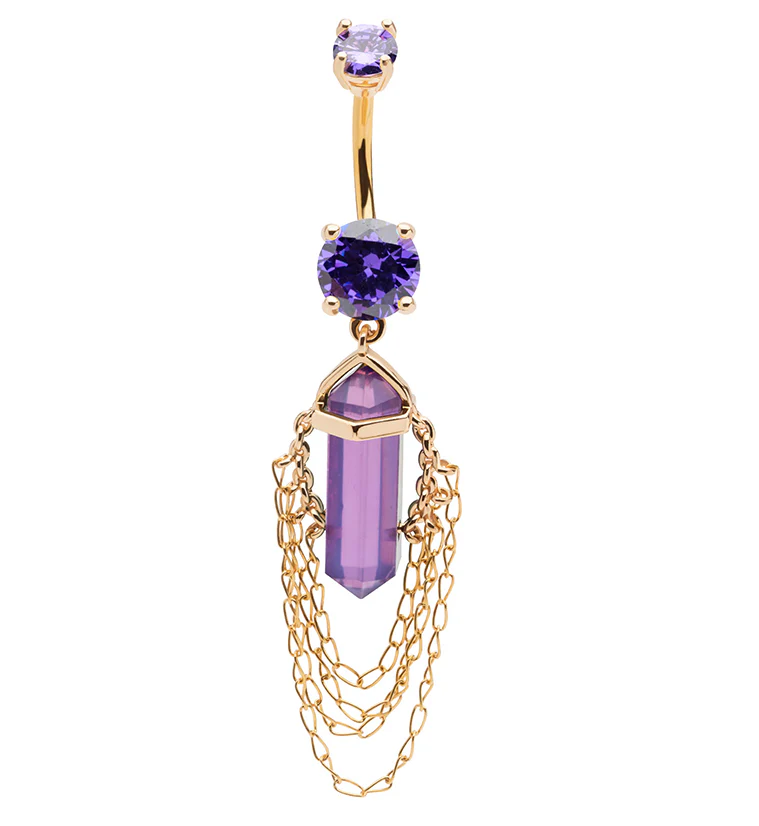 Gold PVD Amethyst Crystal Multi Dangle Chain Stainless Steel Belly Button Ring