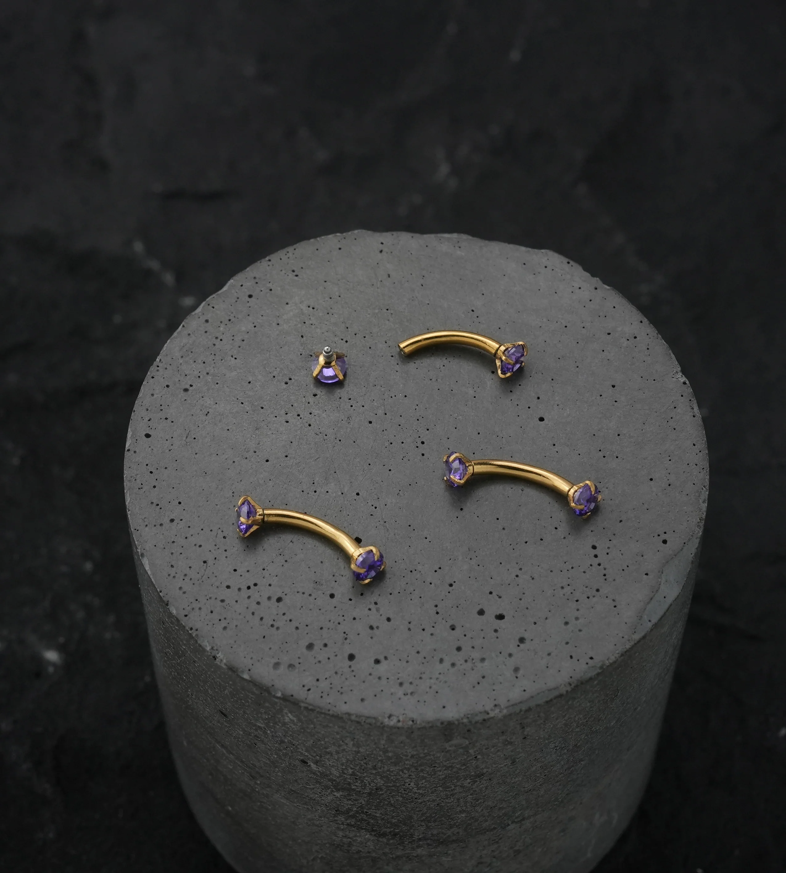 Gold PVD Amethyst CZ Prong Set Stainless Steel Curved Barbell - Image 2